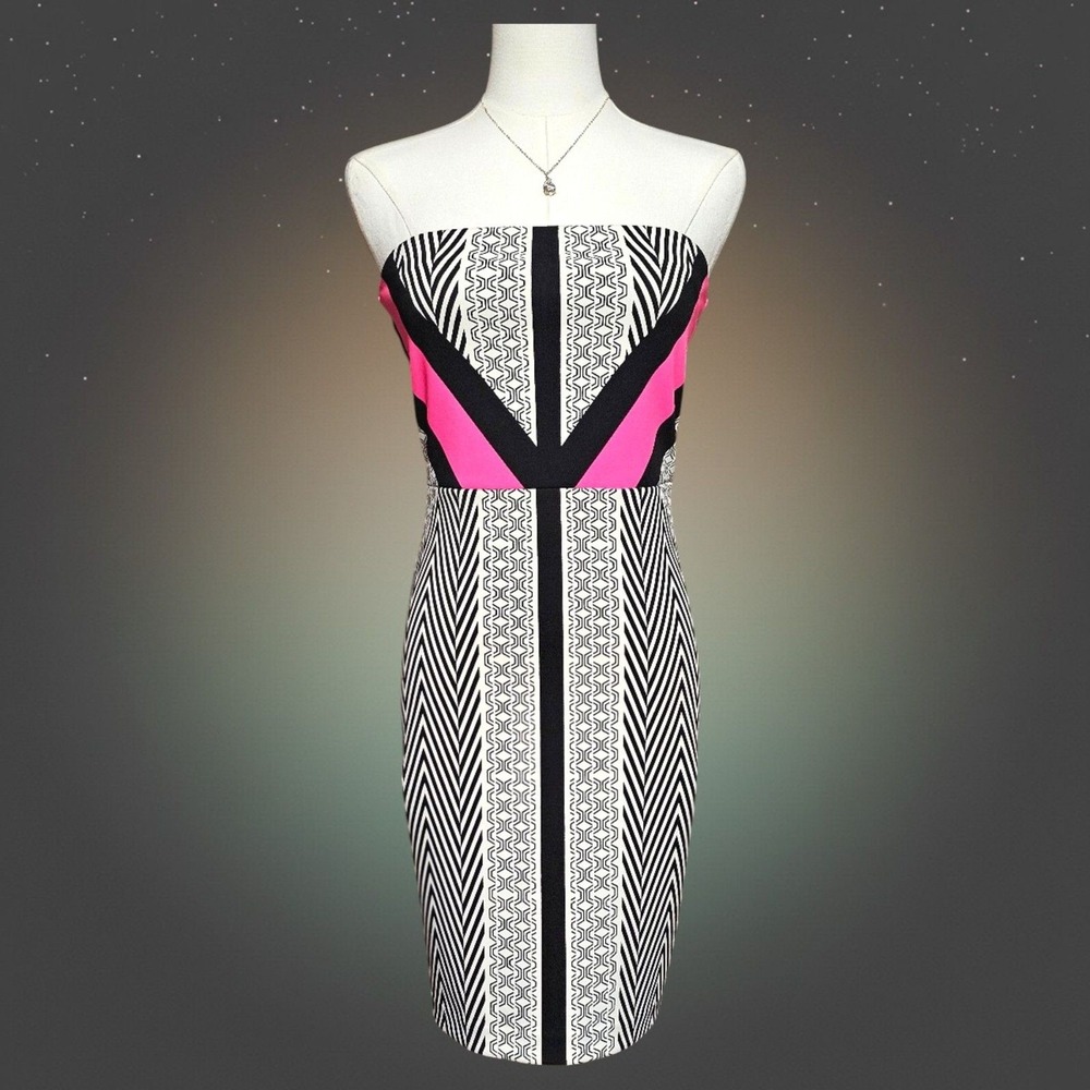 Express Strapless Geometric Bodycon Dress Pink Black White Chevron Sheath Size 6